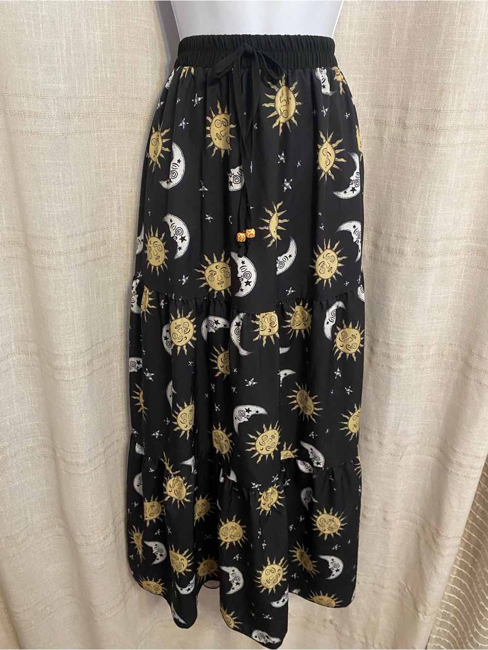 Celestial Sun Moon Maxi Skirt 1XL Black Tiered Whimsigoth Drawstring